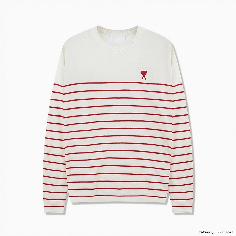 AMI Stripe Heart White Sweater