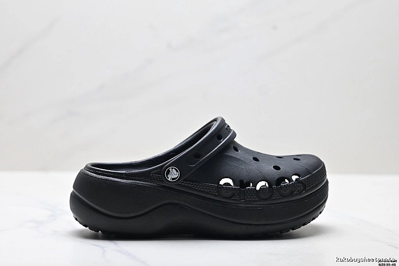 Black thick - soled Crocs clogs.