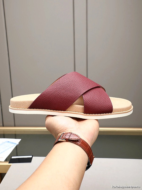 Brunello Cucinelli Casual Style Burgundy Genuine Leather Slides