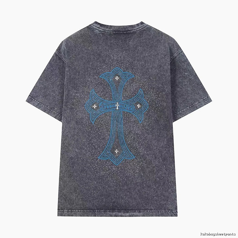 Chrome Hearts Blue Cross Vintage Charcoal Gray Short Sleeve T-shirt