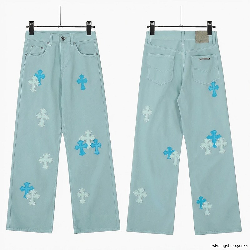 Chrome Hearts Cross Trend Brand Light Blue Jeans