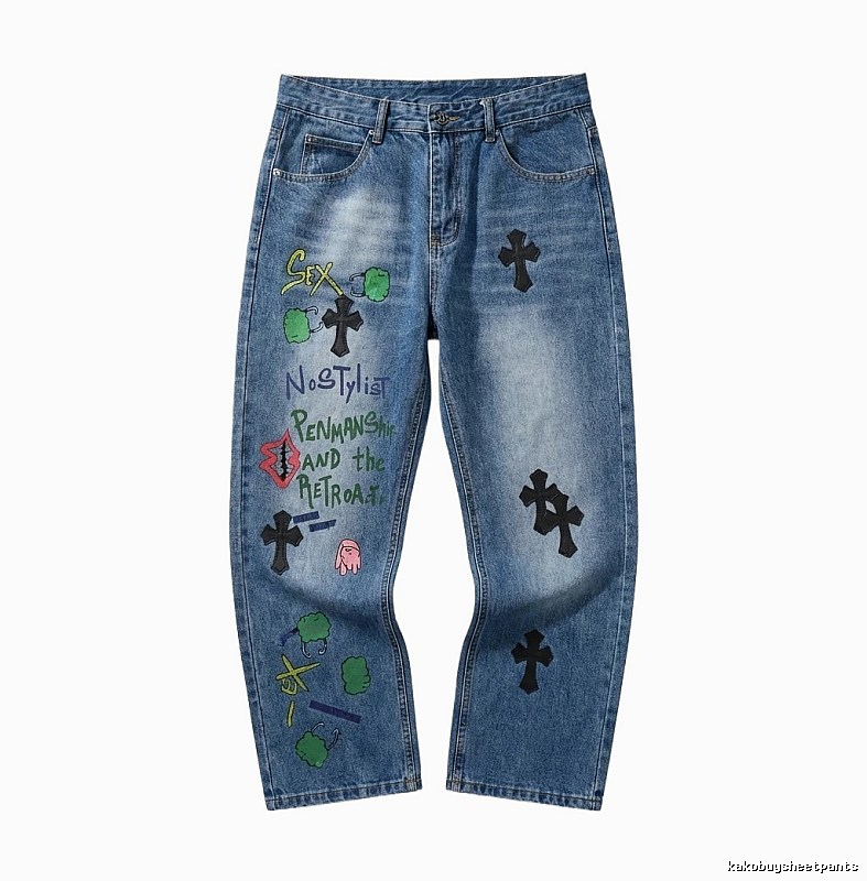 Chrome Hearts graffiti-style blue jeans