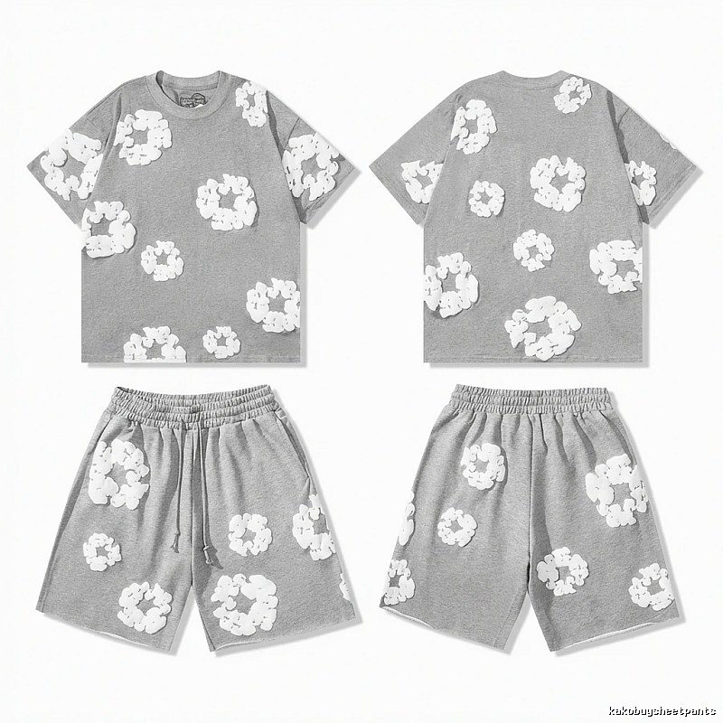 DENIM TEARS Flower Grey Short-sleeve and Shorts Set