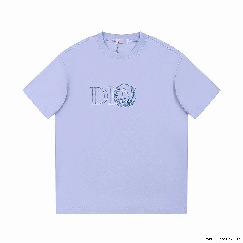 Dior Cat-Embroidered Casual Light Purple Short-sleeve T-Shirt