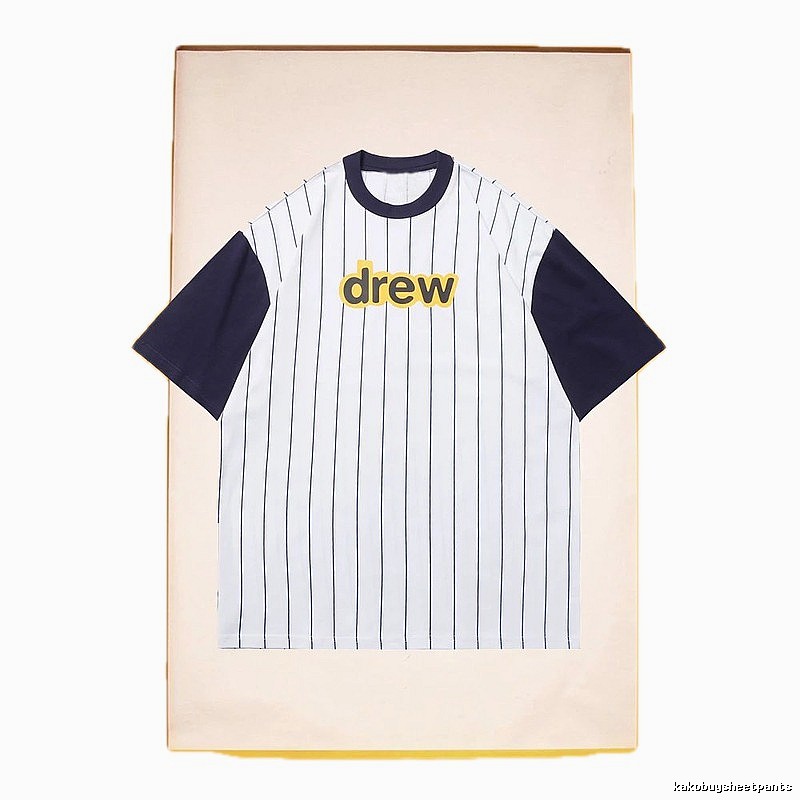 DREW Letter Print Street Style White and Navy Blue Short Sleeve T-Shirt