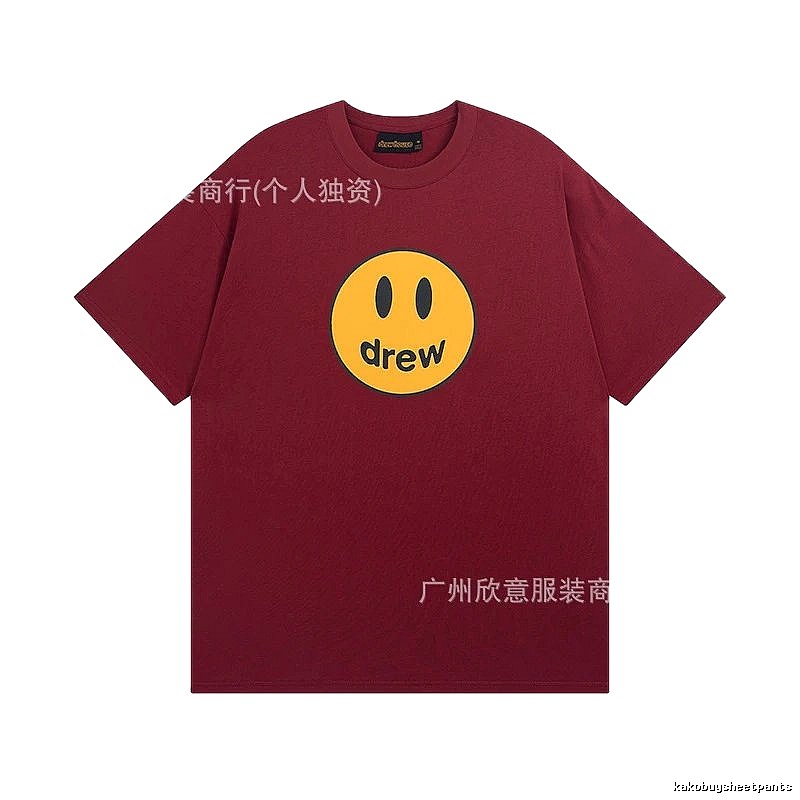 DREW Smiley Face Streetwear Style Burgundy Short Sleeve T-Shirt