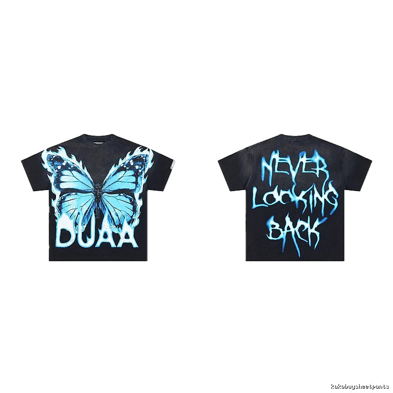 DUAA Butterfly Print Street Style Black and Blue Short-sleeved T-shirt
