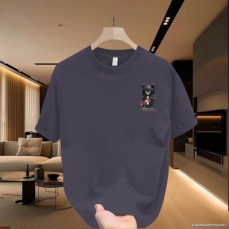 Gray-Blue Guochao Techwear Street Style T-Shirt with Bear Print