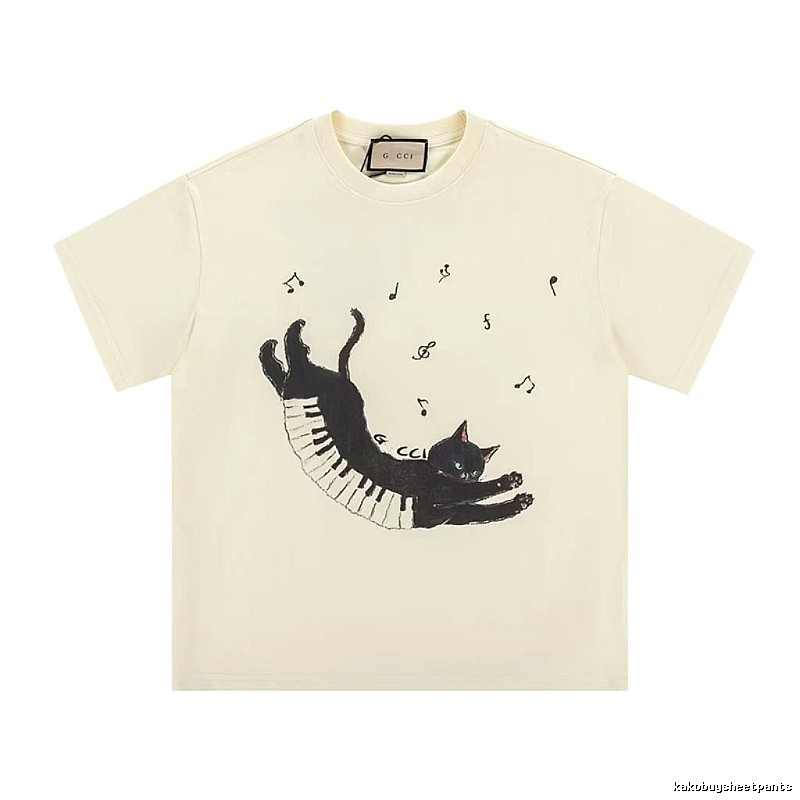 Gucci Artistic Style Cat Print Off-white Short-sleeve T-shirt