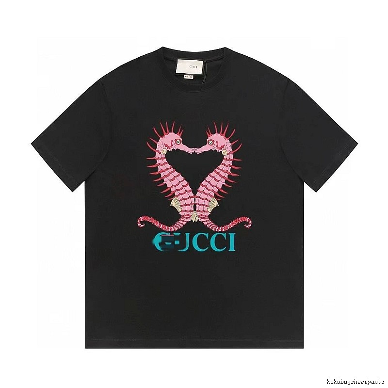 Gucci Double Seahorse Print Trendy Style Black T-Shirt