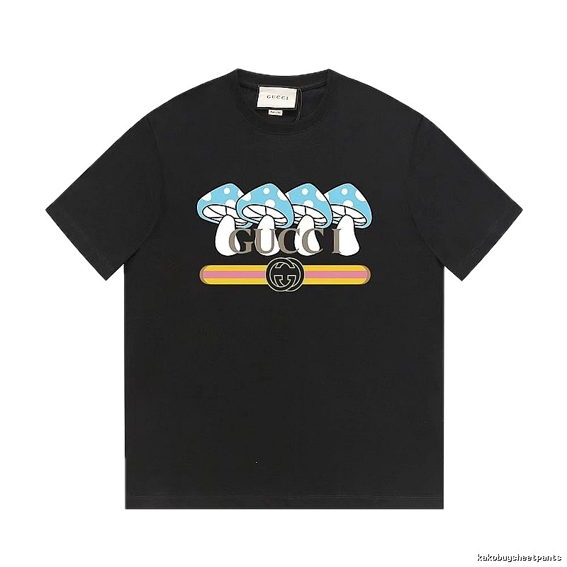 Gucci Mushroom Print Cool and Trendy Style Black Short-sleeve T-shirt