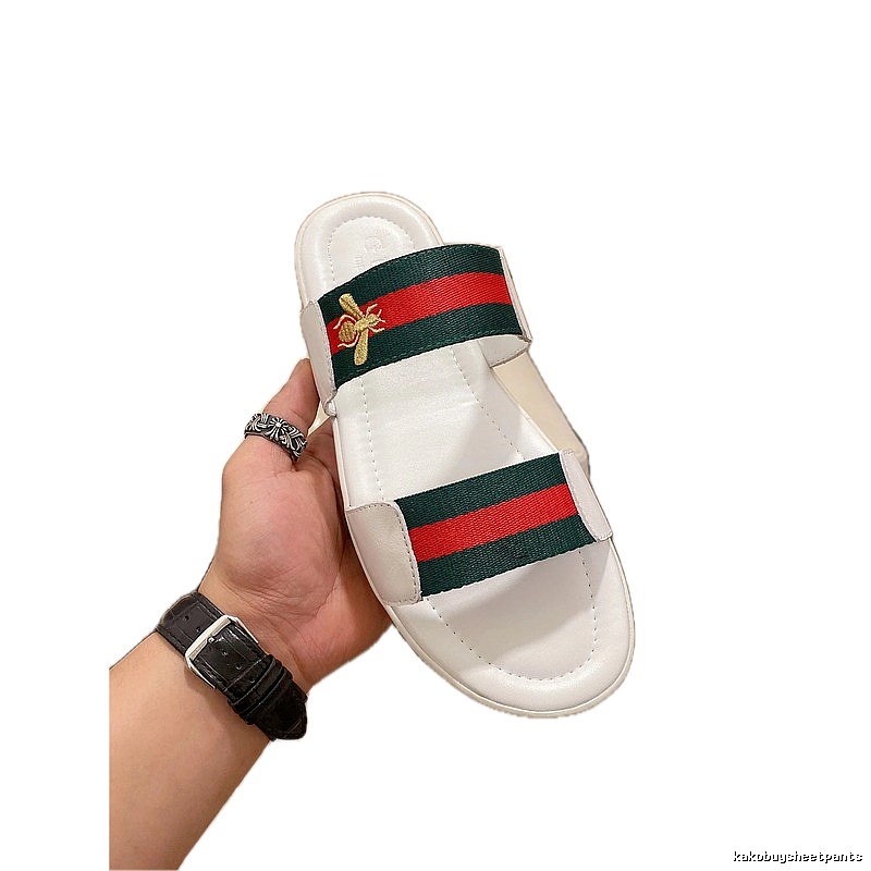Gucci Vintage-style White Slide Sandals with Bee Webbing