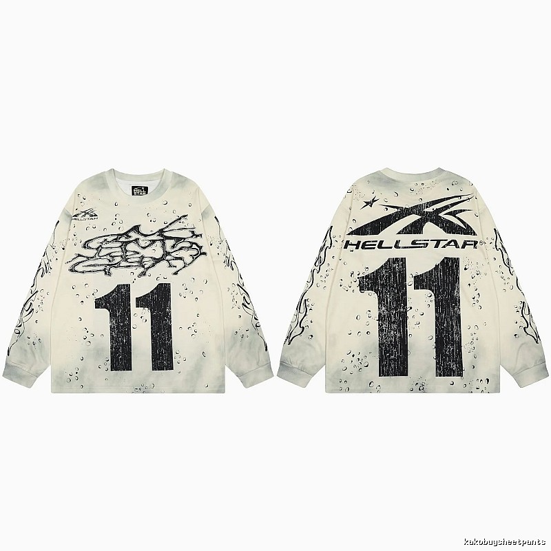 Hellstar No.11 Distressed Street Style Off-white Long Sleeve T-shirt
