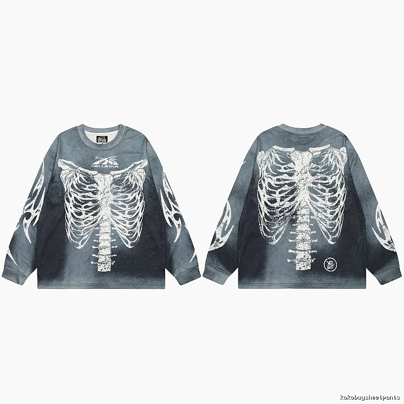 Hellstar Skull Print Street Style Vintage Grey Long Sleeve T-shirt