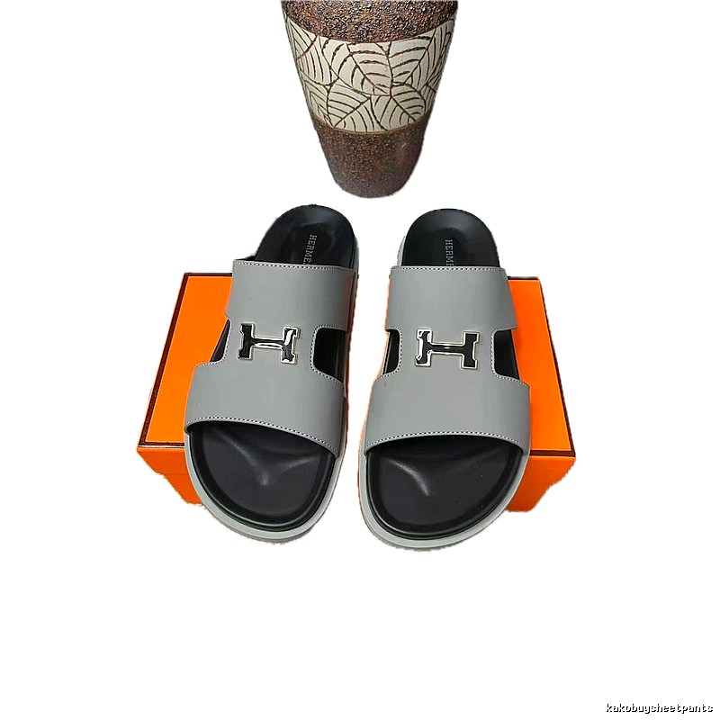 Hermès H-Buckle Minimalist Style Light Gray Slide Sandals