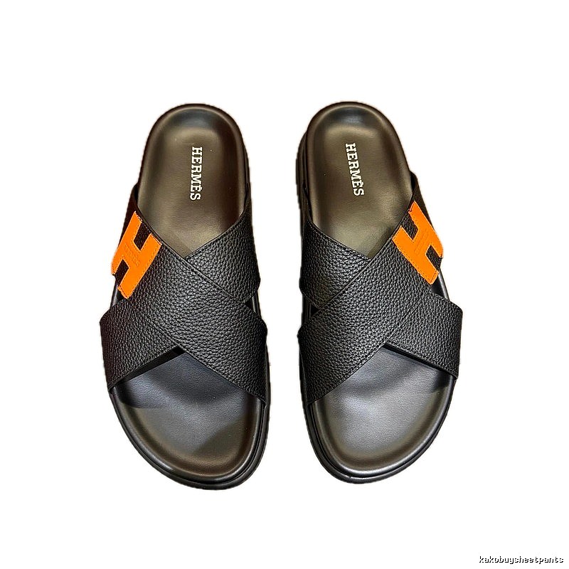 Hermès H-logo Casual Style Black and Orange Color-block Slides