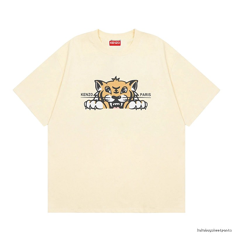 KENZO Tiger Head Print Streetwear Style Beige Short Sleeve T-Shirt