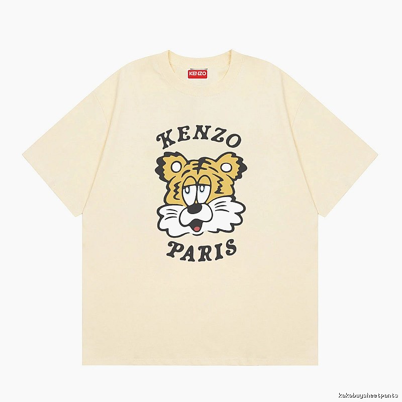 KENZO Tiger Head Print Trendy Style Beige T-shirt