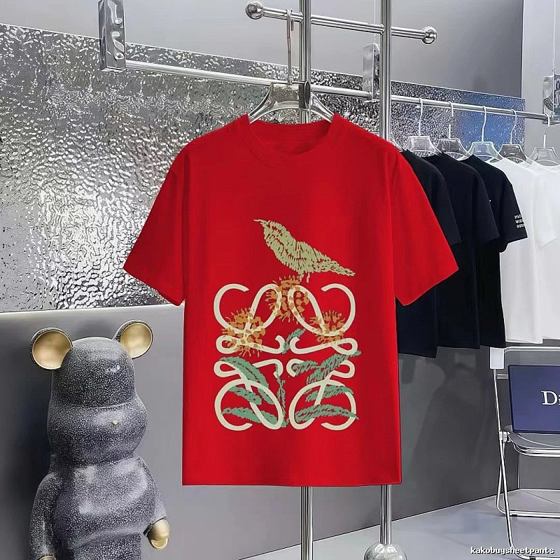 LOEWE Bird and Flower Print Light Luxury Style Red Short-sleeve T-shirt