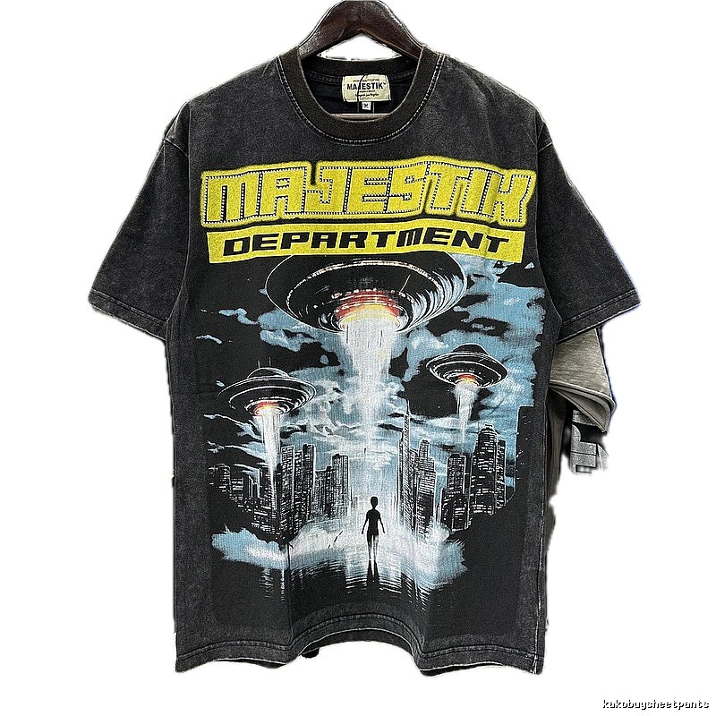 MAJESTIK Flying Saucer Print Vintage Washed Black T-Shirt
