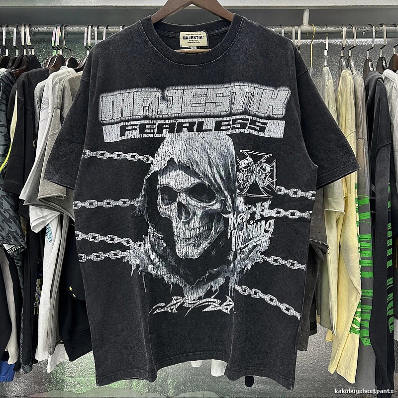 MAJESTIK Skull Print Dark Style Washed Black T-shirt