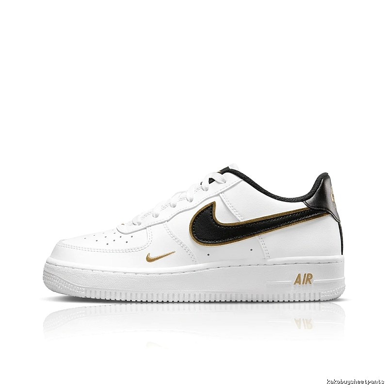 Nike Air Force 1 black, white and gold sports shoes.