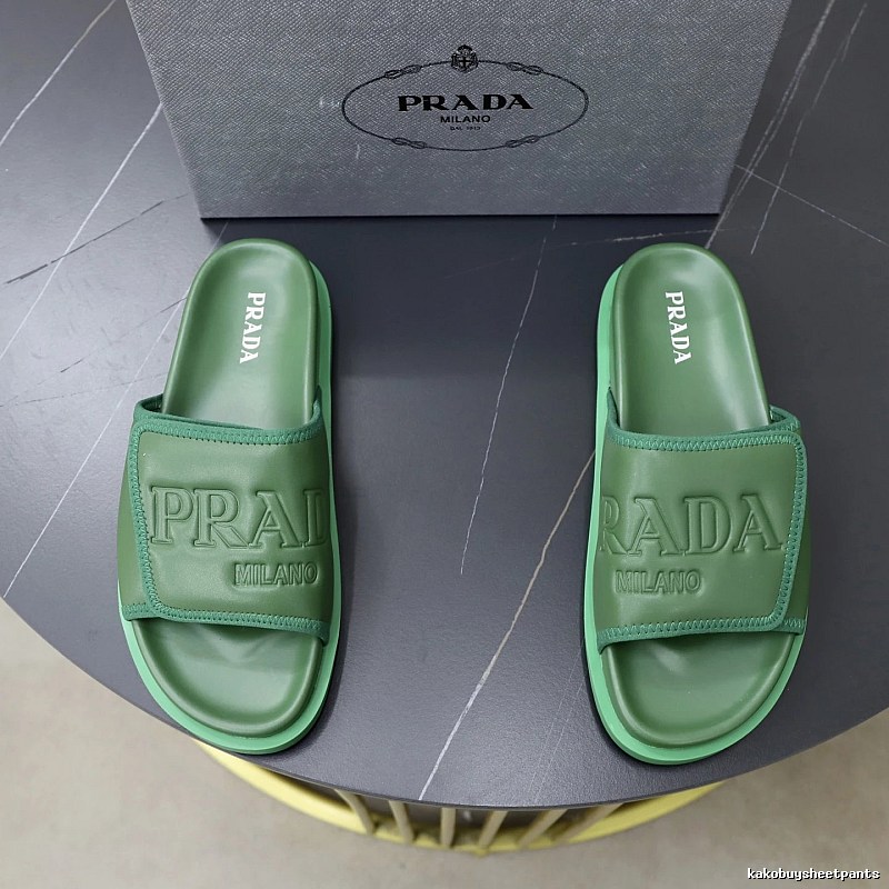 Prada Embossed Light Luxury Style Green Slide Sandals