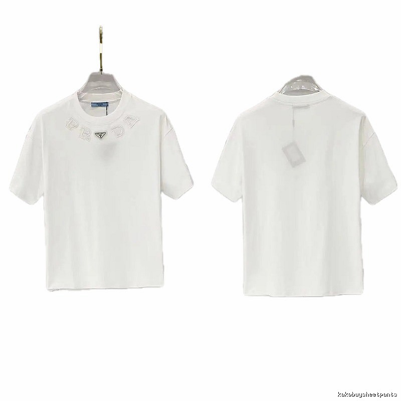 Prada Embroidered Minimalist Style White Short-sleeved T-shirt
