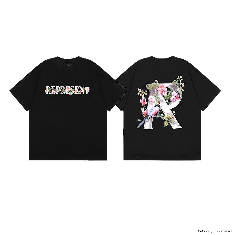 Represent Bird and Flower Print High Street Style Black T-Shirt
