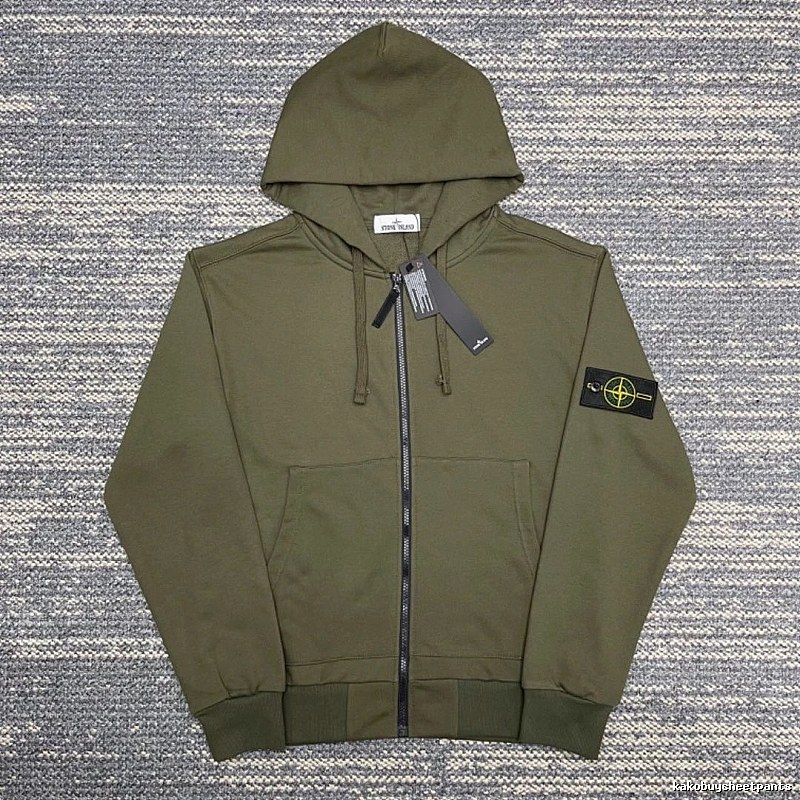 Stone Island Army Green Zip Hoodie Streetwear Look
