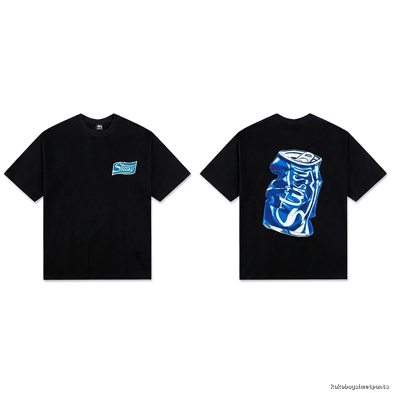 Stussy's black T-shirt with a can-style design