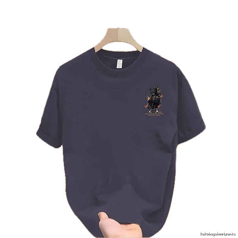 Trendy Streetwear Street-style Grey-blue Short-sleeve T-shirt with Bear Print